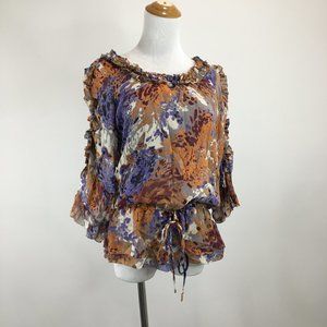 TH By THRIVE Multi-Color 100% Silk Drawstring Waist Sleeve String Ruffle Shirt